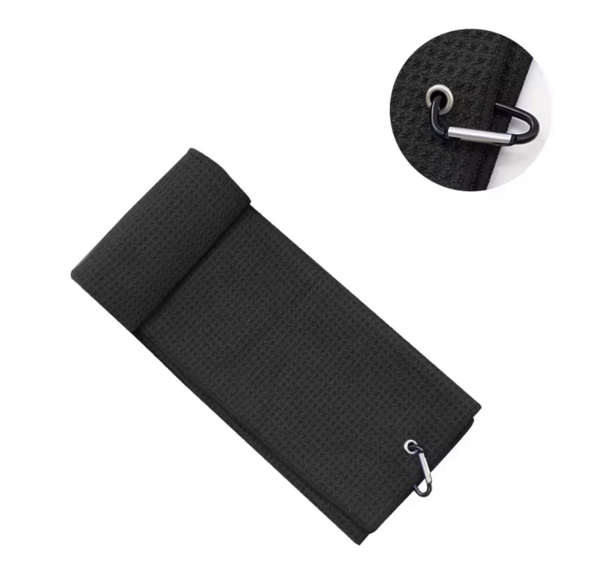 Premium Black Tri-Fold Golf Towel with Carabiner Clip