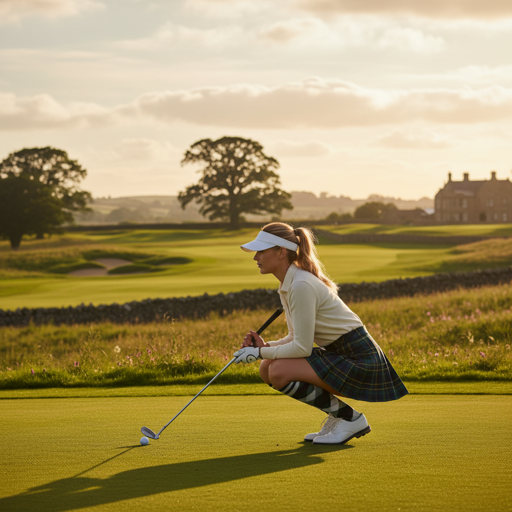 Female golfer chipping at golden hour