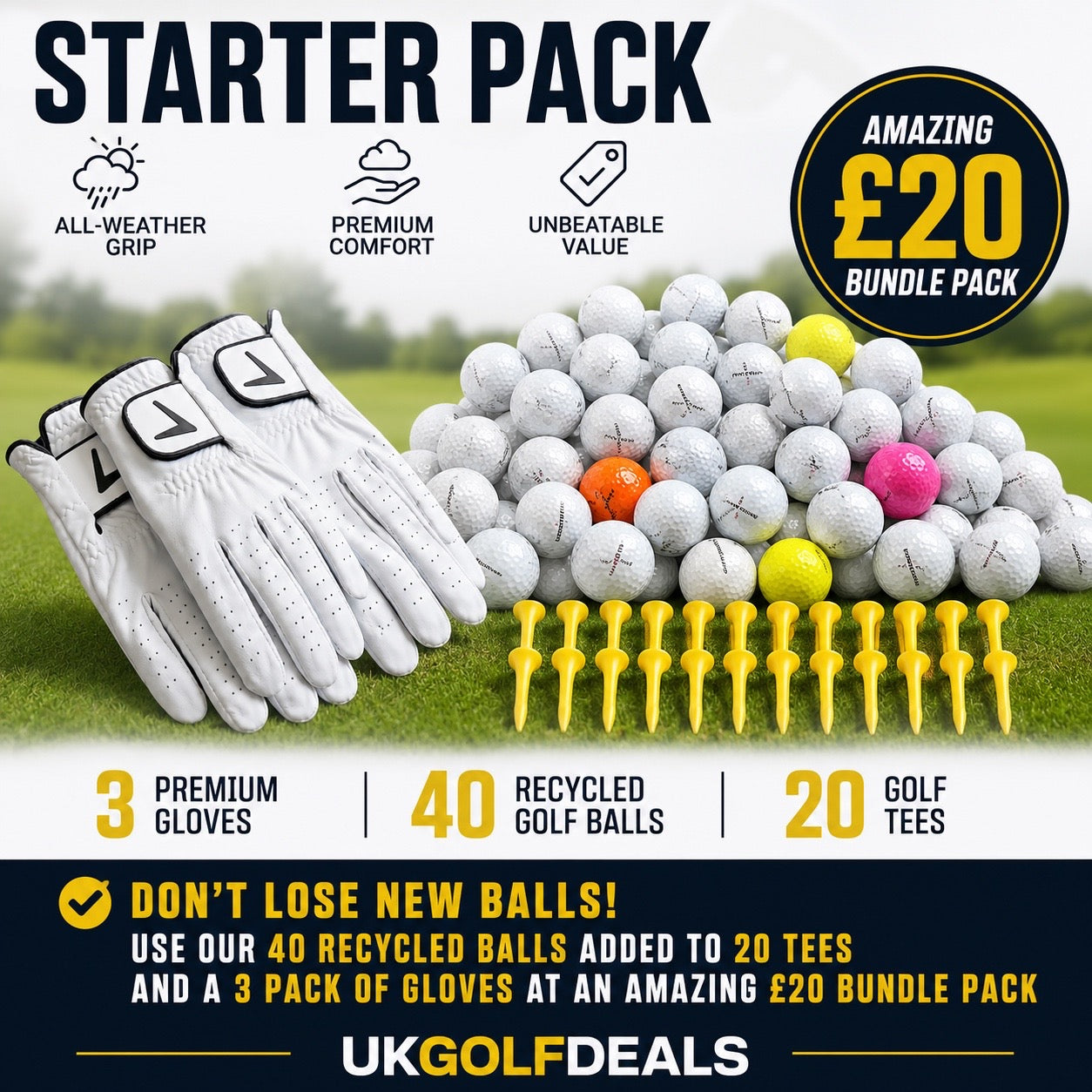 Golf Starter Pack | 40 Recycled Balls | 20 Tees | 3 Gloves | Great Value