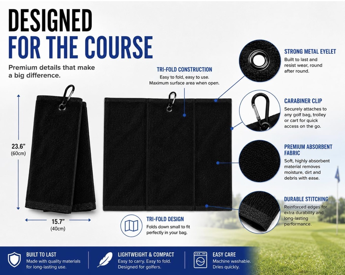 Premium Black Tri-Fold Golf Towel with Carabiner Clip