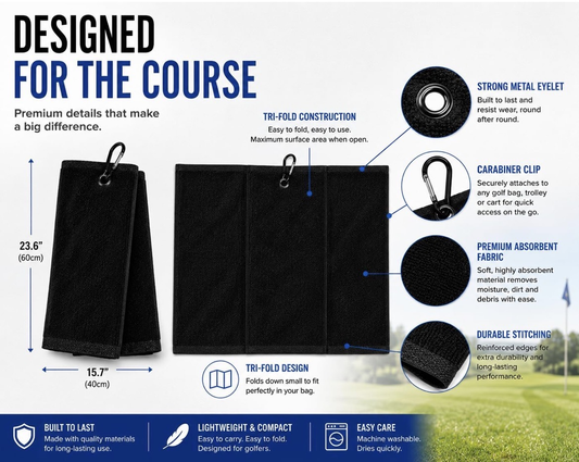 Premium Black Tri-Fold Golf Towel with Carabiner Clip