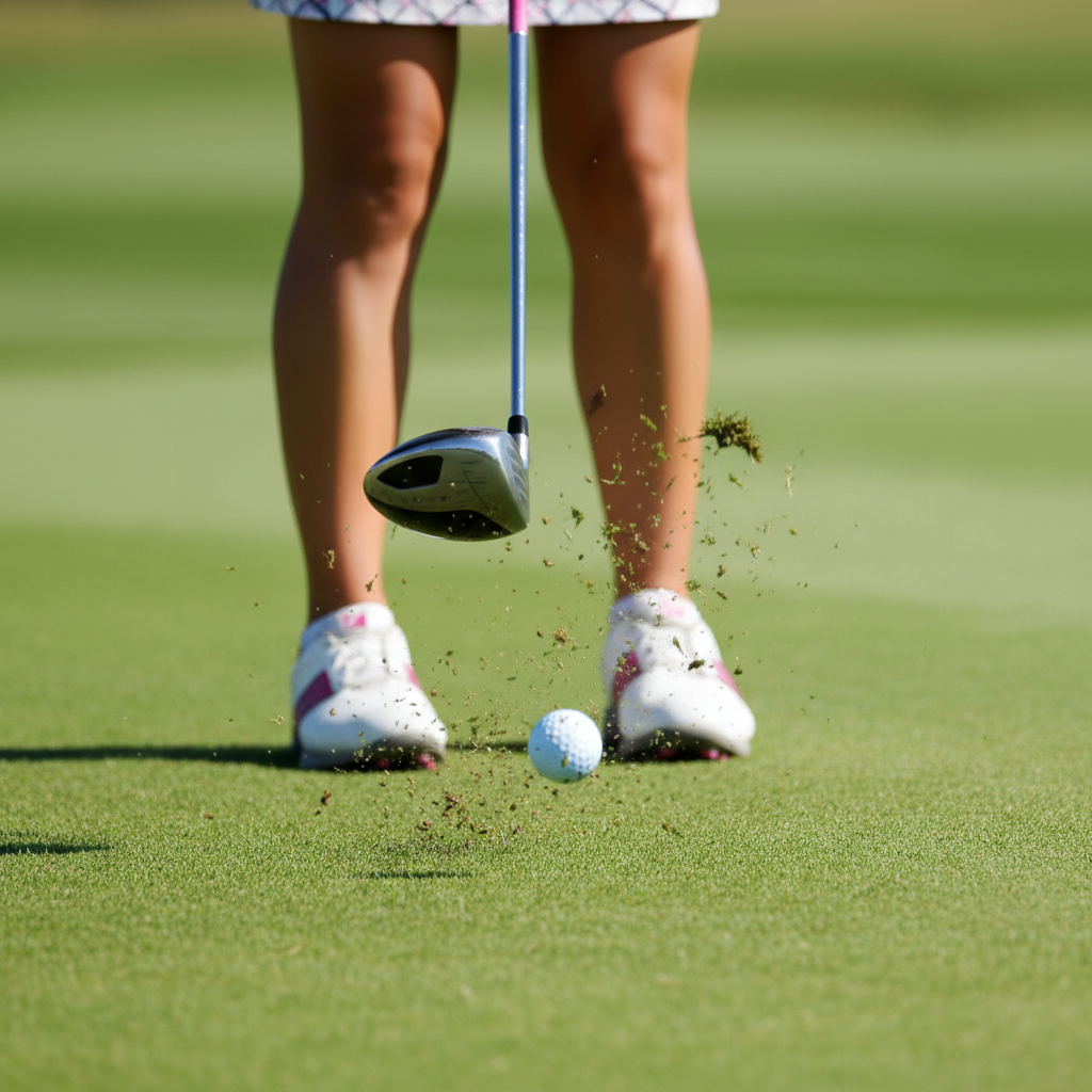 Female golfer at impact close-up