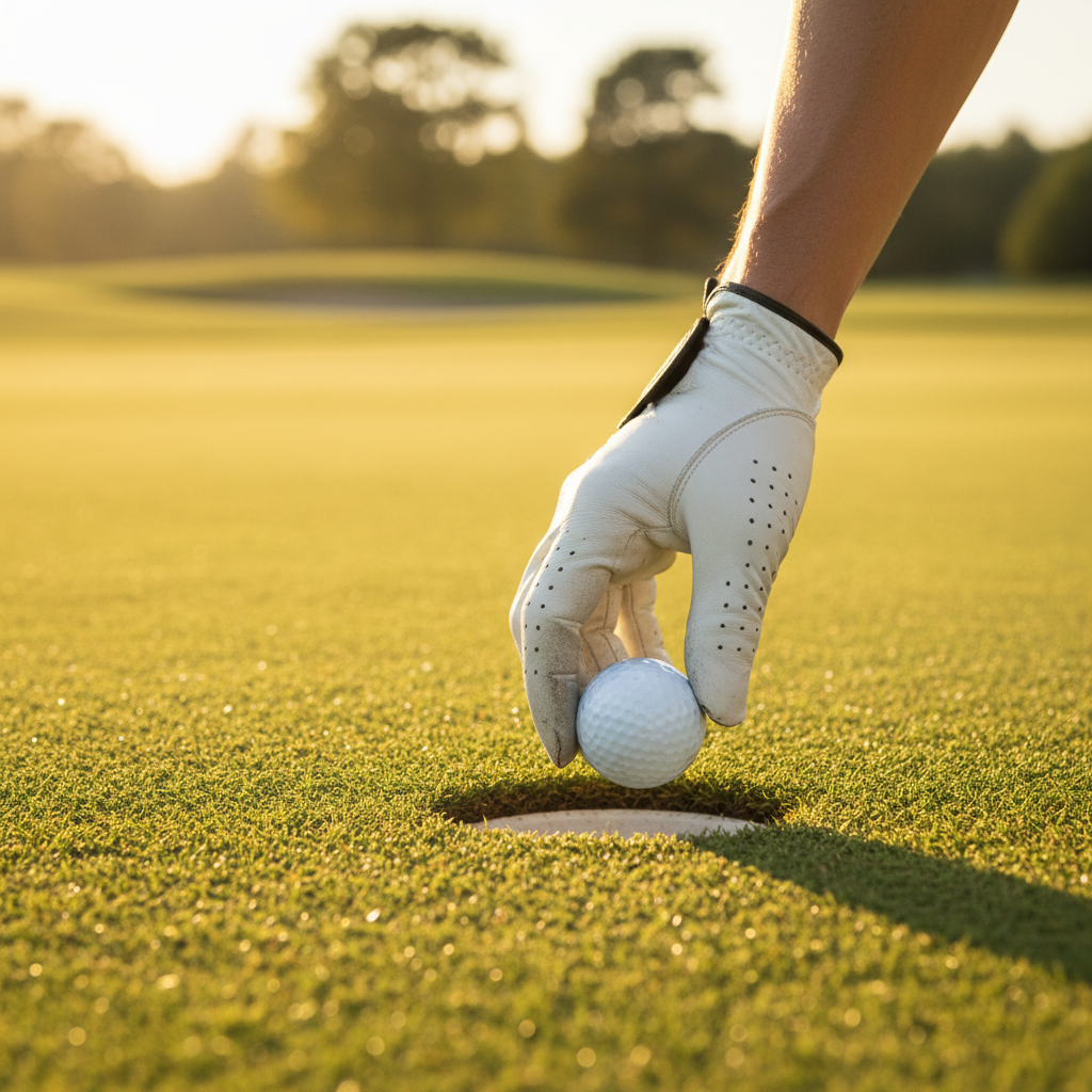 Golfer picking ball from hole