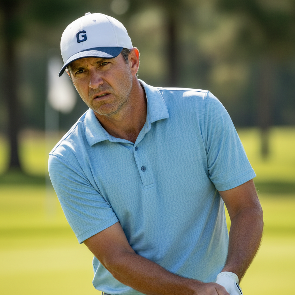 Male golfer concentrating on putt