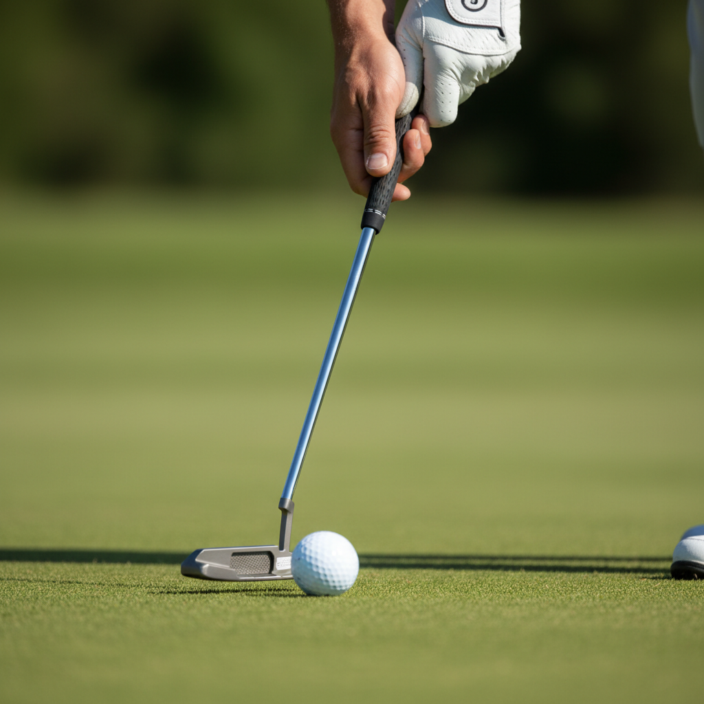 Male hands gripping putter with ball